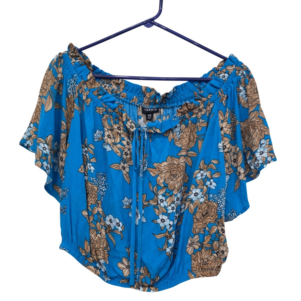 Torrid Blue Floral Gauze Off The Shoulder Crop Top Smocked Hem Size 00 M/L 10